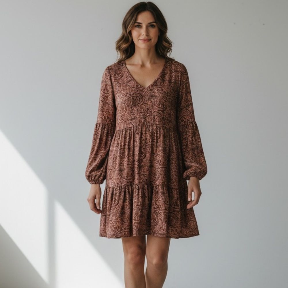 Rachel Ashwell Paisley Boho Mini Dress Pink Brown Long Sleeve XL